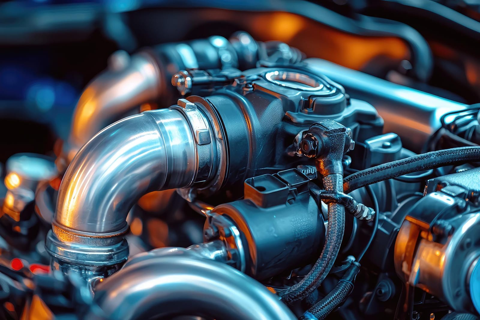 Detalhe de componentes de motor com acabamento metálico