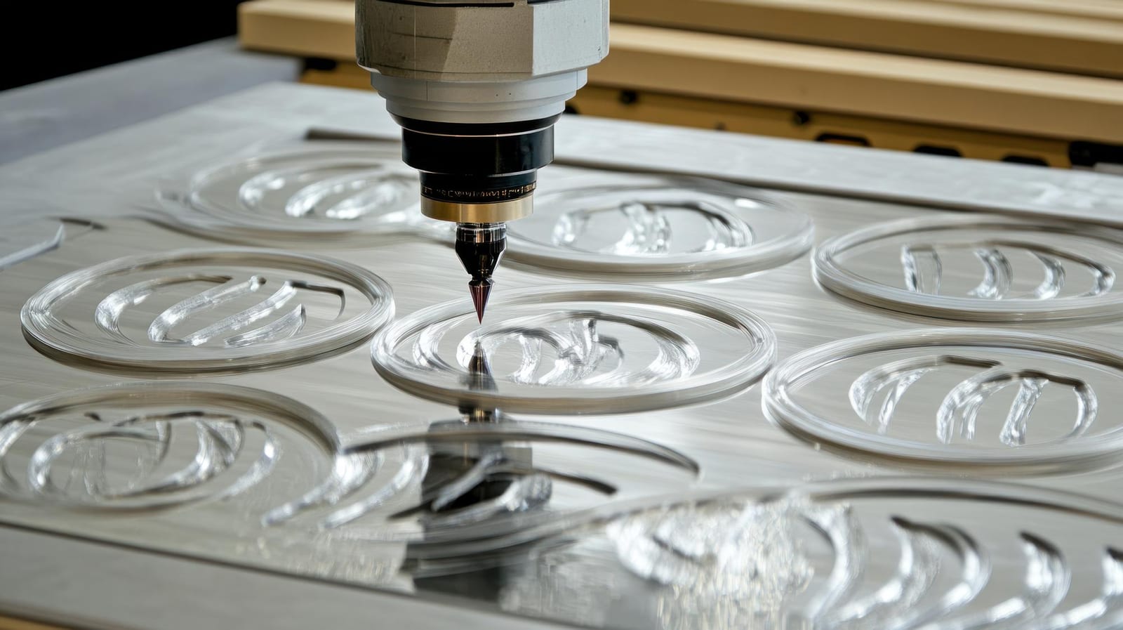 Peças metálicas circulares sendo usinadas em bancada CNC